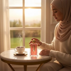 minyak wangi wanita 9 AM Afnan pagi malaysia hijabi dengan sinar matahari lembut, hadiah untuk isteri, morning glow scene