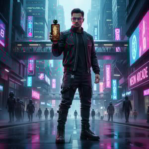 Malay man in futuristic Cyberjaya area, neon lights, holding perfume, cyber-noir fashion style.