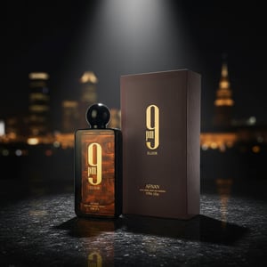 9PM Elixir Afnan perfume lelaki atas batu granit hitam, spotlight dramatic, gaya maskulin malam Malaysia