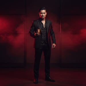 Malay man standing in red and black cinematic lighting, holding perfume confidently, strong masculine mood
