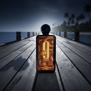 9PM Elixir on a wooden pier in Langkawi, moonlight reflection on water, tropical night ambiance, soft warm shadows.