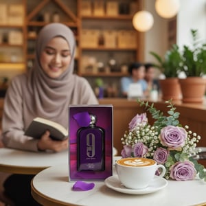 Afnan 9 PM Pour Femme 100ml EDP bottle and box cafe scene Malaysia women perfume
