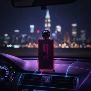 perfume Afnan 9 PM Rebel di dashboard kereta malam dengan lampu neon bandar Malaysia gaya maskulin