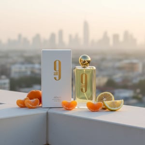 Afnan 9 AM EDP perfume bottle on balcony sunrise mandarin men women unisex fragrance Malaysia
