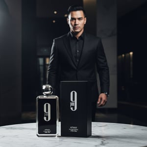 Malay man in black suit with Afnan 9pm perfume luxury men fragrance Malaysia