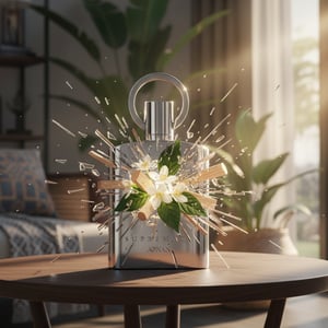Silver supremacy perfume bottle with flowers on a wooden table in a bright room.