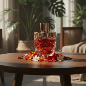 Beli perfume Rare Passion original Malaysia &ndash; Perfume bottle with floral decorations on a wooden table in a home setting