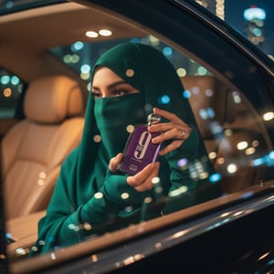 hijabi woman inside car holding perfume with malaysia city night lights romantic cinematic