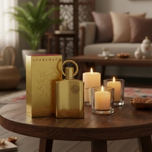 Supremacy Gold Afnan dengan lilin vanila suasana malam cosy Malaysia