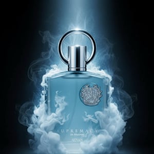 Supremacy In Heaven by Afnan, men perfume bottle surrounded by cold frozen blue aura, icy