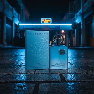 Supremacy In Heaven on old street stone at Pasar Seni Kuala Lumpur, blue neon reflection, artistic masculine cinematic mood.