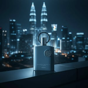 Supremacy In Heaven perfume shot on rooftop ledge overlooking Kuala Lumpur skyline, blue night lights, bokeh towers, masculine cinematic mood, cool wind effect.