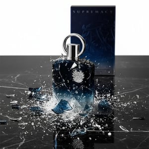 Supremacy Incense unisex broken bottle on black marble, dramatic artistic explosion, premium malaysia shot