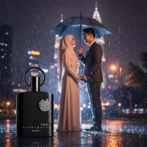 Malay hijabi woman + partner sharing umbrella at night, Supremacy Noir bottle held in foreground, cinematic rain bokeh.