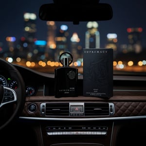 Supremacy Noir placed on car dashboard, KL city lights outside through windshield, deep noir lighting, luxury automotive vibe.