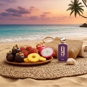 tropical malaysia pantai picnic romantic setup with perfume fruits and sea breeze