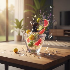 Botol Turathi Electric Glass perfume bottle with fruit slices on a wooden table, surrounded by fruits and flowers.