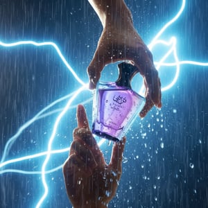 Afnan Turathi Electric unisex perfume in blue rain, cinematic malaysia night scene