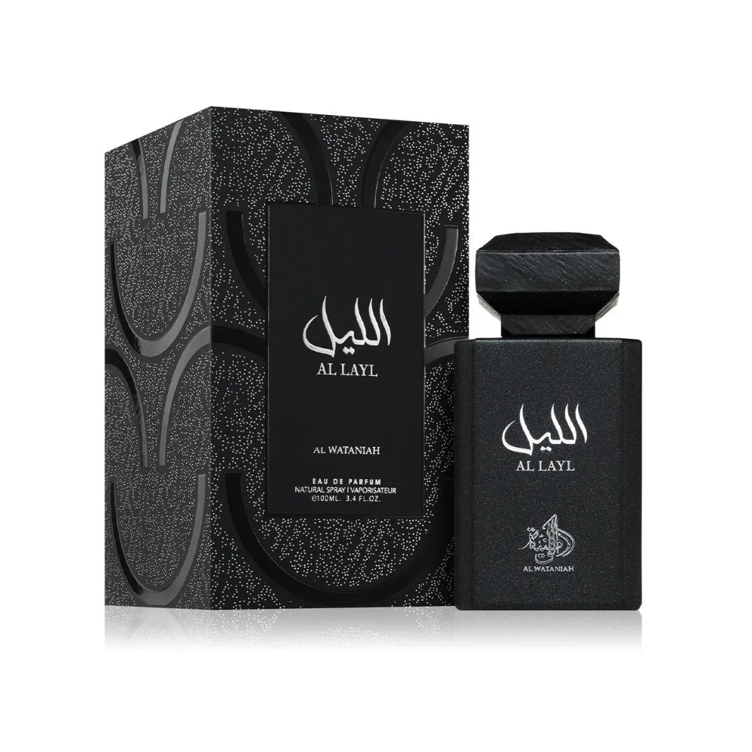Black perfume bottle and packaging with 'Al Layl' branding on a white background