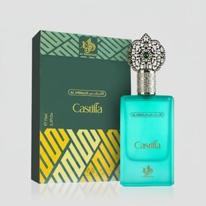 Perfume bottle and packaging with 'Al Andalus Castilla' branding on a reflective surface.