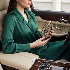 Perfume bottle with gold cap and intricate design on a white background
