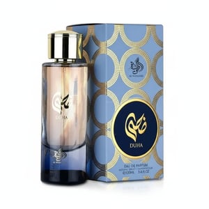 Perfume bottle and packaging with 'Duha' branding on a white background