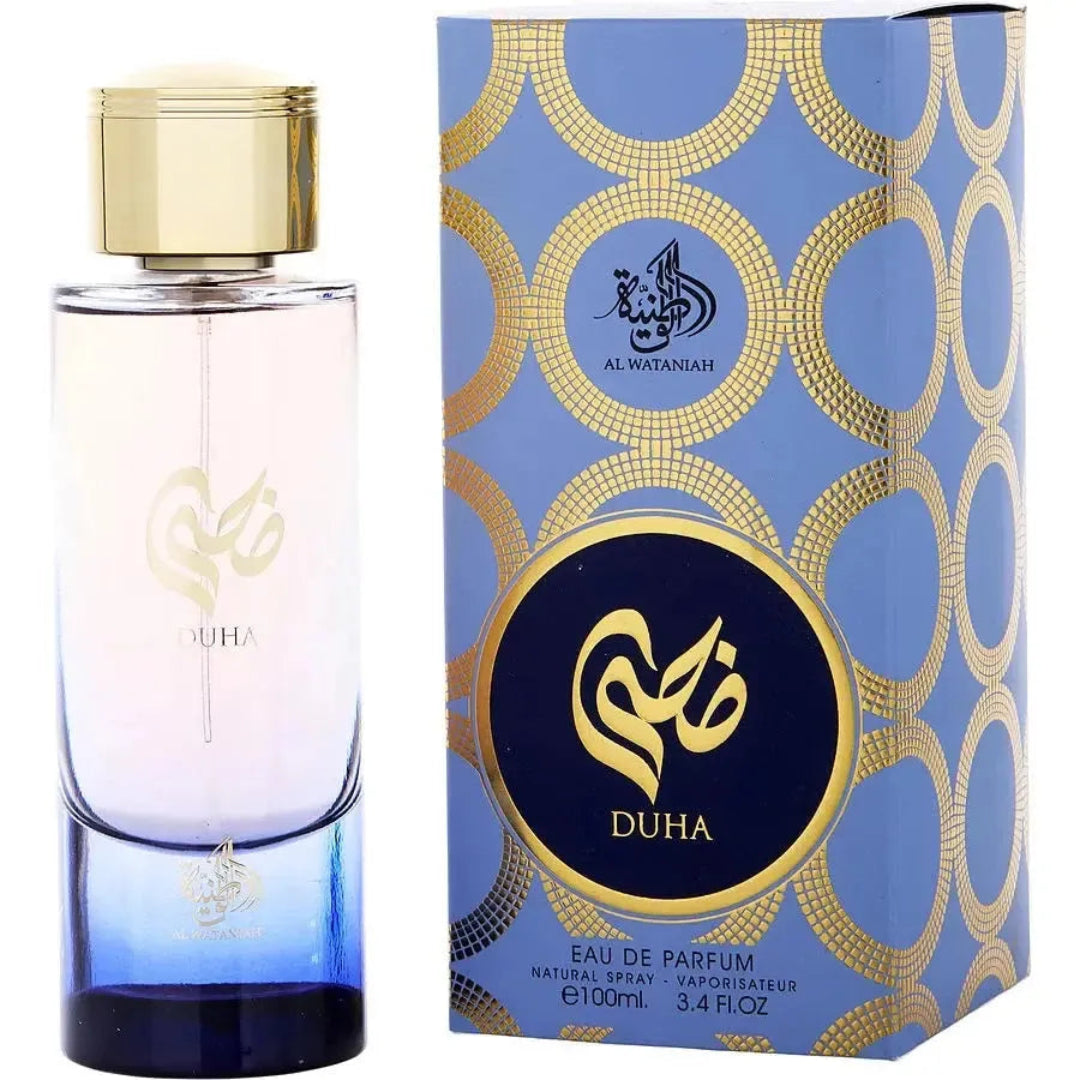 Duha perfume bottle and packaging with gold and blue design