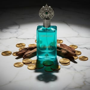 Turquoise perfume bottle with decorative cap on a white background