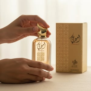 Ameerati perfume bottle and packaging with intricate designs on a white background