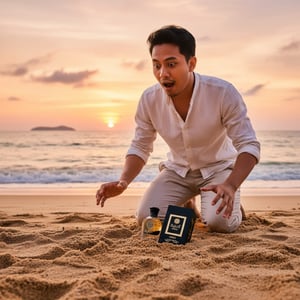 Amnia perfume bottle and packaging on a beige background