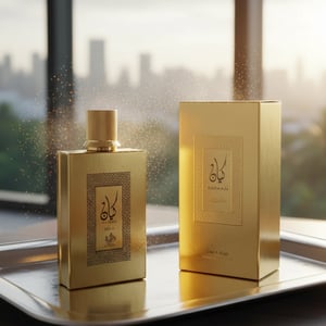 Kayaan Gold bottle and box in Malaysian penthouse morning light with grapefruit‑bergamot citrus halo; cinematic realism, clear product.
