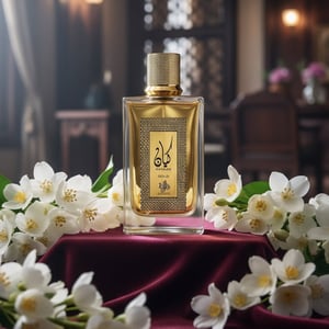 Kayaan Gold framed by white tuberose and jasmine with moonlit window glow; Malaysian home; bottle and box clearly visible.