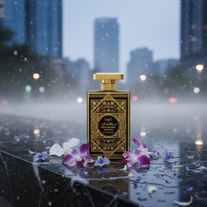 Oud Mystery Intense Perfume bottle on rain-wet marble with orchid petals and soft city reflection &ndash; feminine sweet fragrance Malaysia”