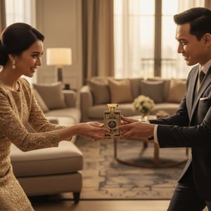 Oud Mystery with Malaysian man and woman playfully reaching for the same perfume bottle in warm indoor light &ndash; elegant romantic perfume scene Malaysia