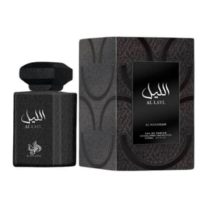 Black perfume bottle and packaging with 'Al Lail' branding on a white background