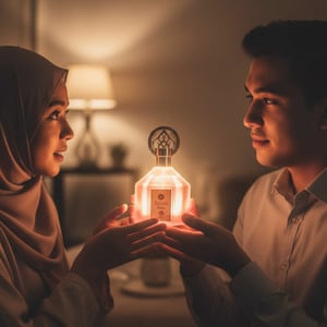 Two people holding a glowing bottle in a warm, indoor setting