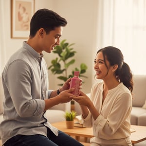 Pink perfume bottle and packaging with decorative elements on a white background