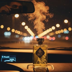 Men perfume bottle on car dashboard at night with vanilla mist and Kuala Lumpur city lights &ndash; Al Dirgham men fragrance Malaysia