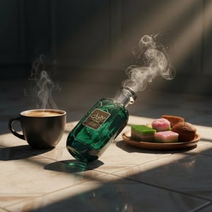 Green perfume bottle with a label on a dark background