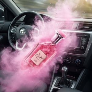 Pink car air freshener with steam in a car interior