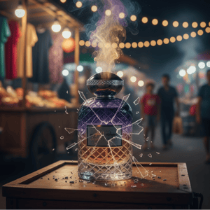 Perfume bottle with textured design and silver cap on a white background