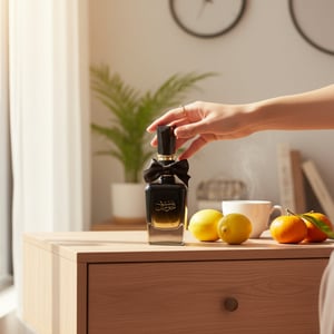 Women perfume bottle in Malaysian home morning light with citrus fruits and coffee &ndash; sweet fresh fragrance Malaysia