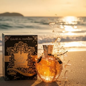 Perfume bottle broken, amber glow emerging; Langkawi beach at sunset Malaysia &mdash; clear bottle and box, cinematic lighting