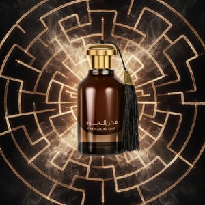 Fakhar Al Oud inside a floating incense‑smoke labyrinth with faint geometric glow; bottle and box clear.
