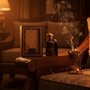 Fakhar Al Oud bottle on carved dark‑wood diwan with smoldering oud in brass burner; warm amber spotlight; Malaysian lounge.