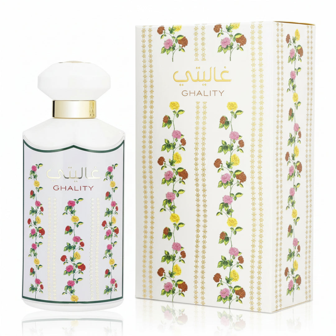 Perfume bottle and packaging with floral design and 'Ghality' branding.