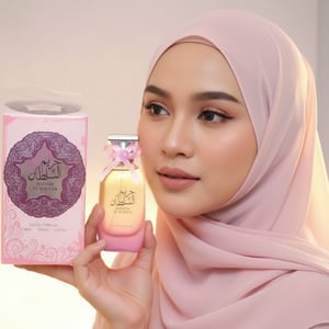 Malay woman hijab holding Hareem Al Sultan perfume 100ml women scent Malaysia