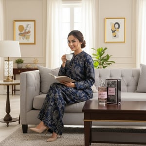 wanita melayu dengan lil nisae faqat di meja kopi