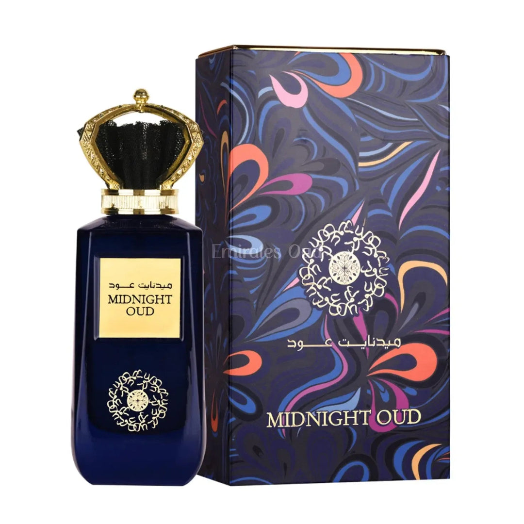Perfume bottle and packaging of 'Midnight Oud' on a white background