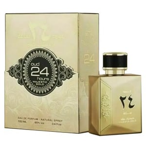 Gold perfume bottle and packaging with 'Oud 24' branding on a white background